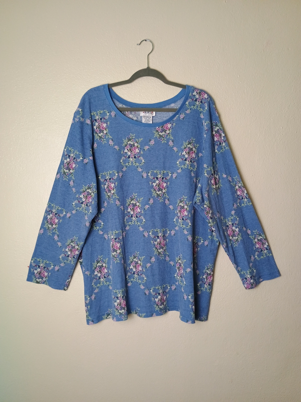 Mainstreet Blues Plus Size 3X Light Blue Floral Waffle Knit Top - Vintage